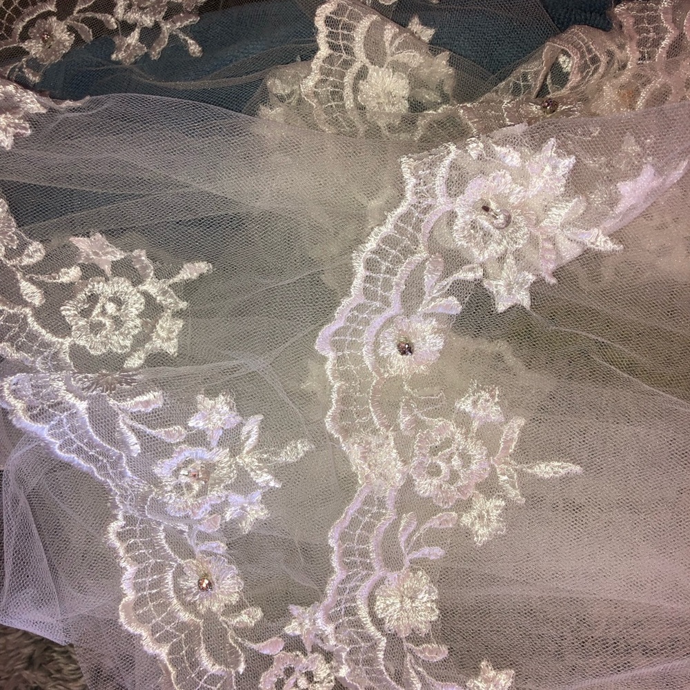 White/Ivory comb elbow length cathedral 2 tier wedding veil with diamond accent